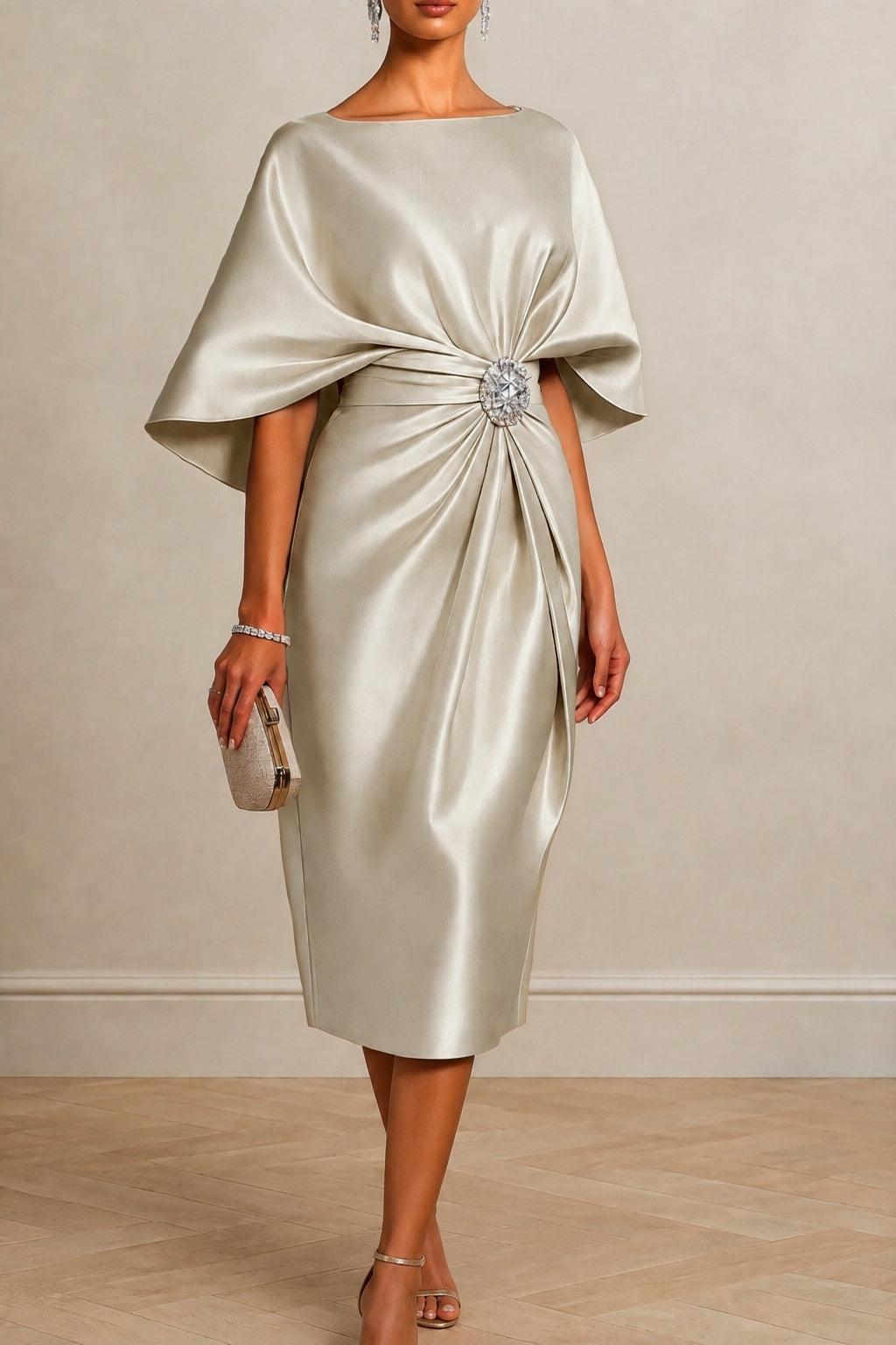 Sheath -Column Tea Length Satin Wedding Guest Dress CG0363 - Champagne - COCOMELODY